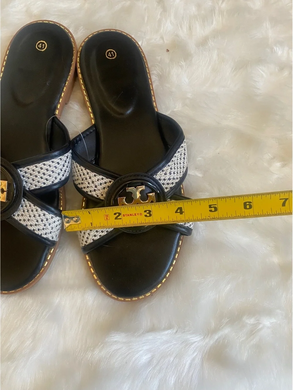 Tory Burch Black and White Slip-On Sandals, Gold Accent 10W